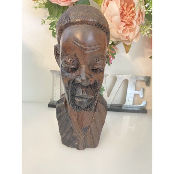 Vintage 1960s Tribal Man Hand Carved African Male Exotic Wood 8" Head Bust Stump - Picture 11 of 16